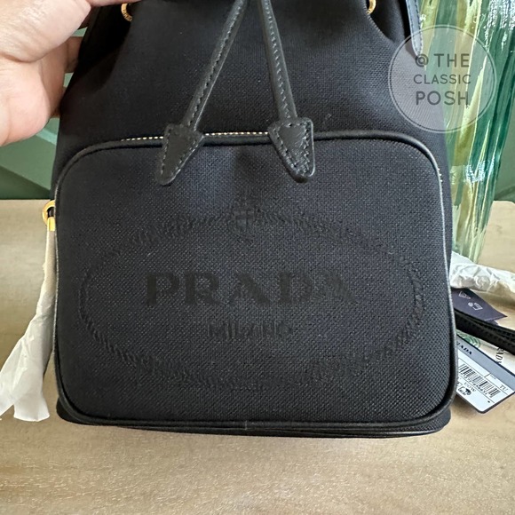 NEW Prada Jacquard Logo Bucket Black Canvas Tote Crossbody Bag - Picture 6 of 11